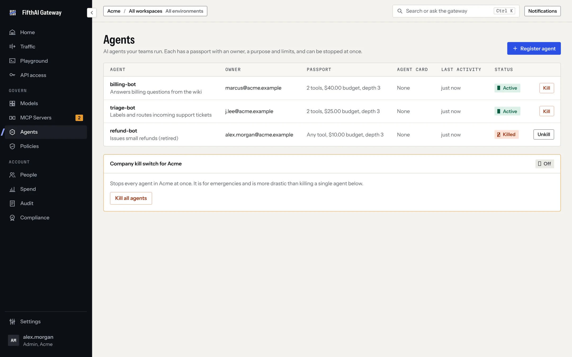 Agents page listing agents with owners, passports and status, and a company kill switch