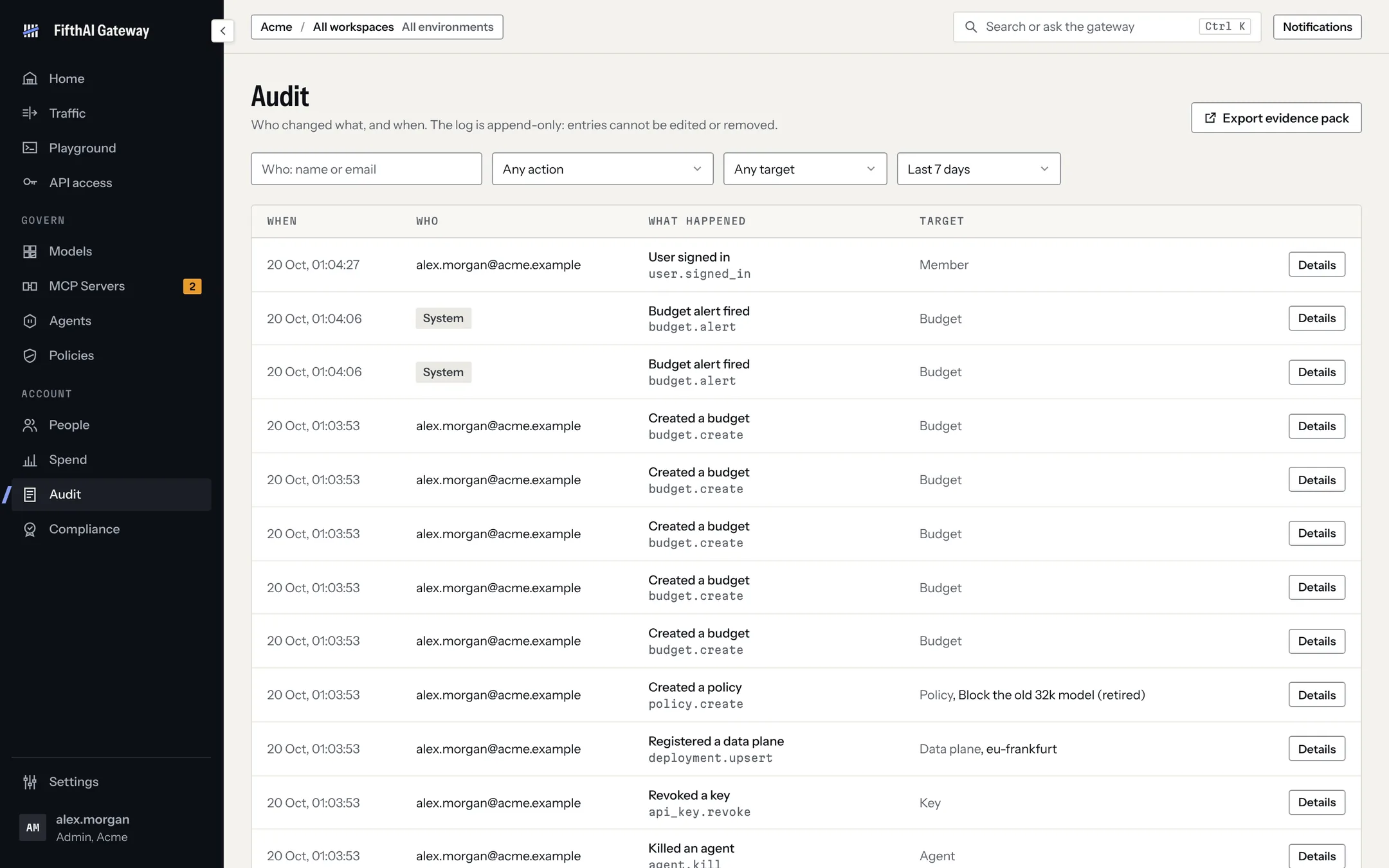 Audit log listing who changed what and when, with an evidence pack export