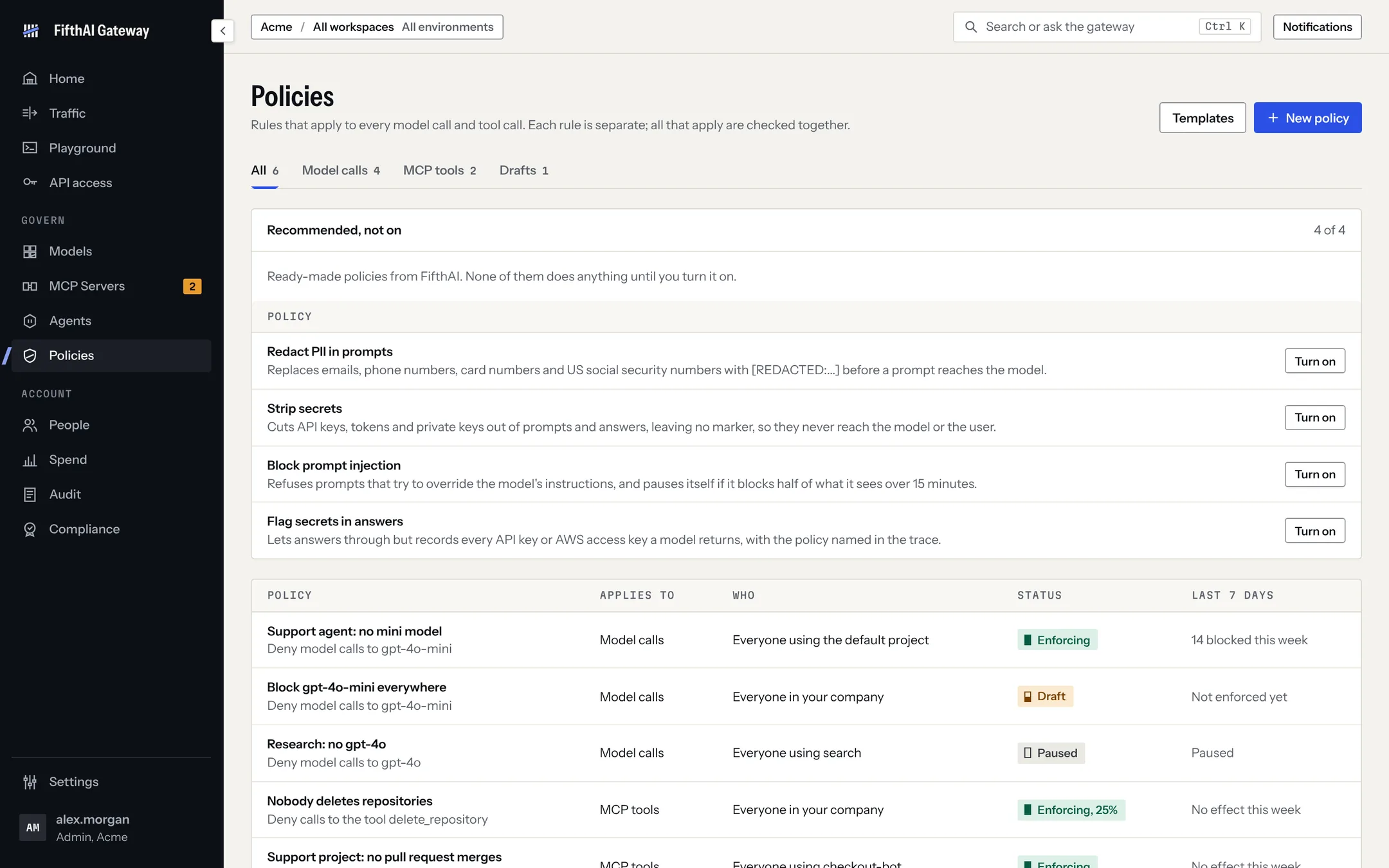 Policies page with recommended policies and active rules showing enforcing, draft and paused states